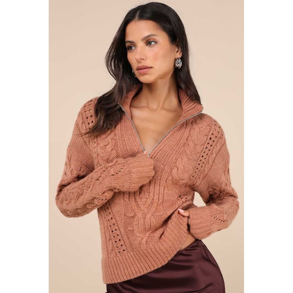 Lulus Stylish Forecast Brown Cable Knit Quarter-Zip Pullover Sweater Sz XS